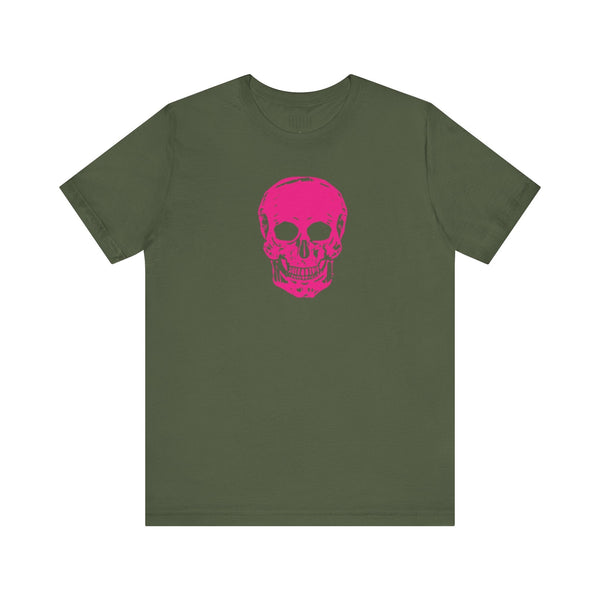 Unisex olive green tee with vibrant pink skull print on front, short sleeves, and ribbed collar.