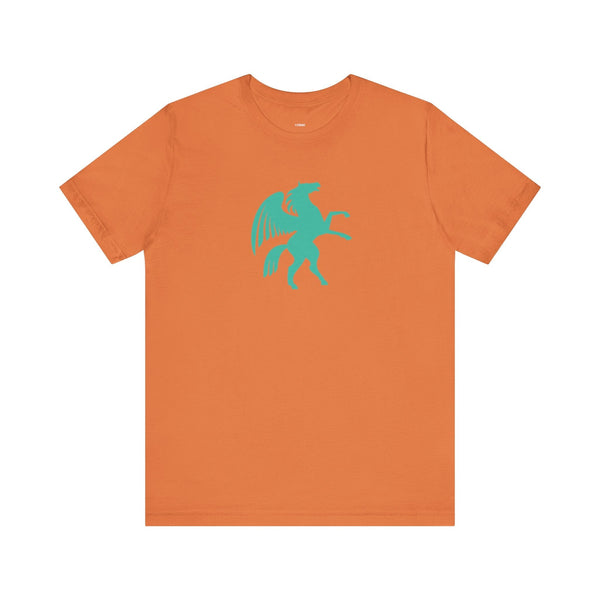 Orange t-shirt with turquoise Pegasus graphic from Mythical Series, made of premium breathable cotton.