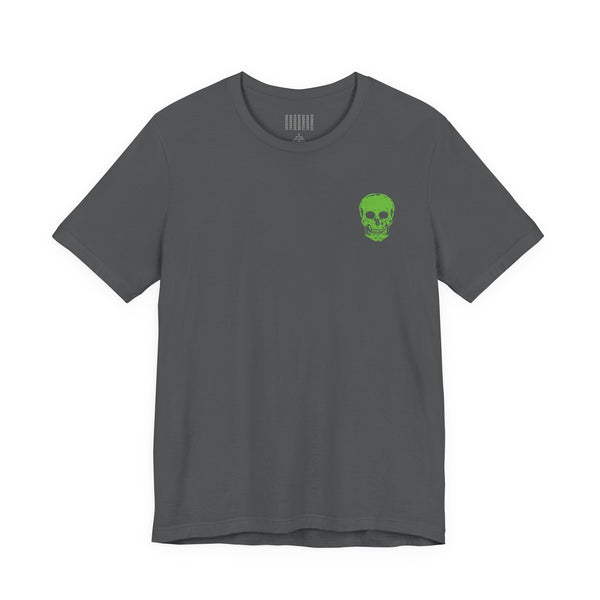 Gray streetwear t shirt with small green skull graphic on front by Sandra Oles