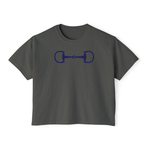 Navy boxy fit t shirt with blue horsebit graphic and short sleeves