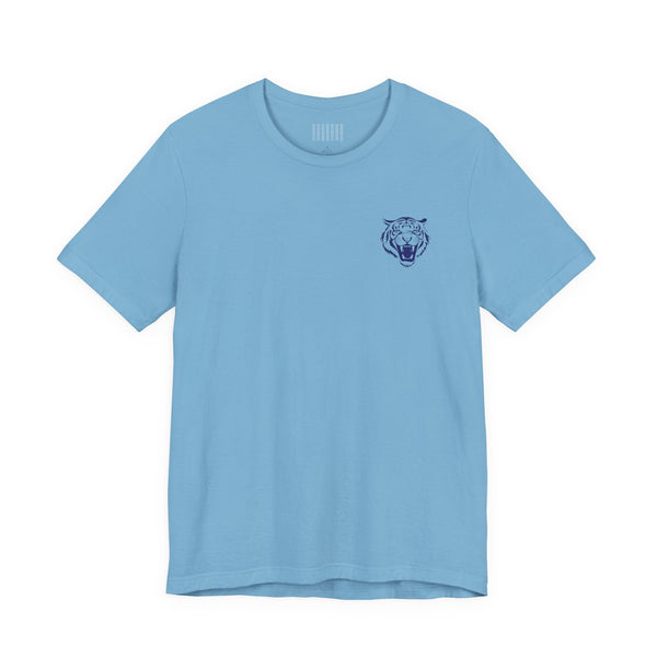 navy blue retro graphic tee with mini roaring tiger head print on left front