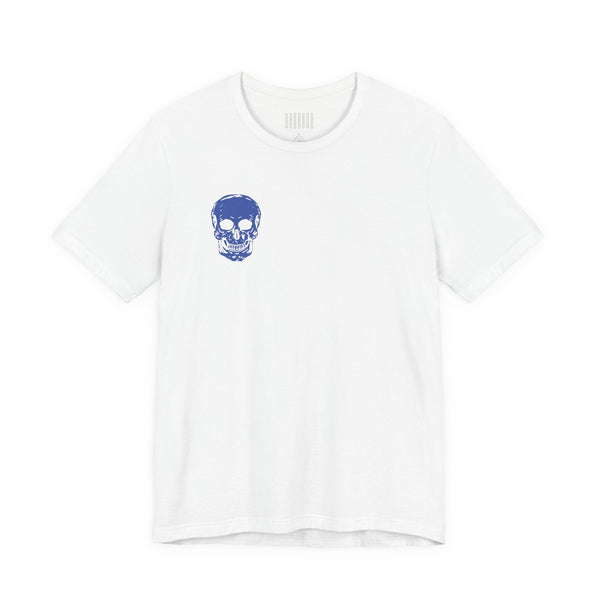White graphic tee shirts with small blue skull print on front left chest, made of soft cotton