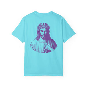 Light blue religious shirt with large purple Jesus graphic on the back and small front left Jesus print, streetwear style.