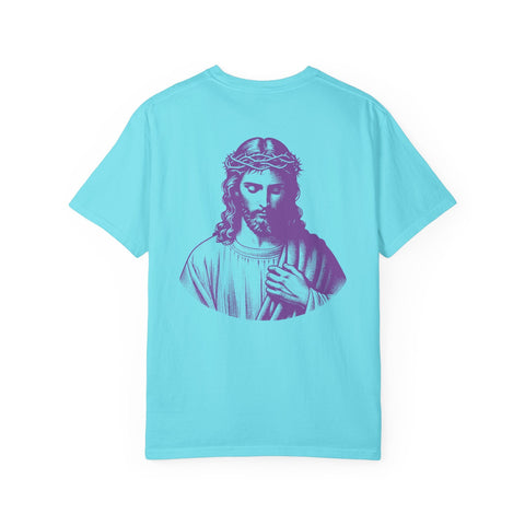 Light blue religious shirt with large purple Jesus graphic on the back and small front left Jesus print, streetwear style.