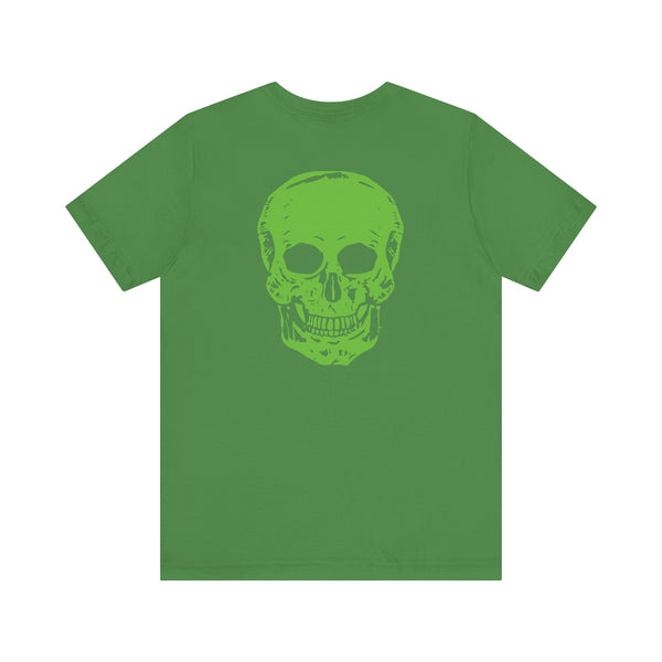 Green tee with large neon green skull back print, edgy music festival fashion design