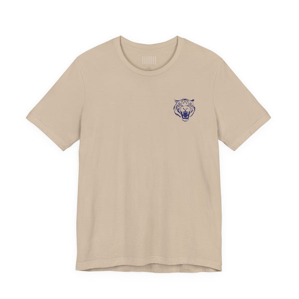 Navy blue mini retro tiger head left front print on beige crew neck tee retro graphic tees