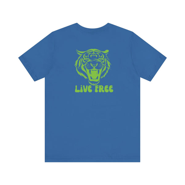Blue graphic tee with vintage tiger roaring and "Live Free" text back print