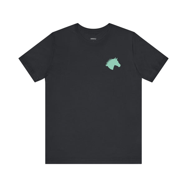 black t shirt with aqua wild mini horse head front graphic print