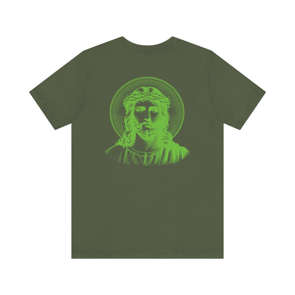 Green Jesus graphic tee with mini front print and large glowing halo Jesus design on the back, made of soft cotton streetwear shirt