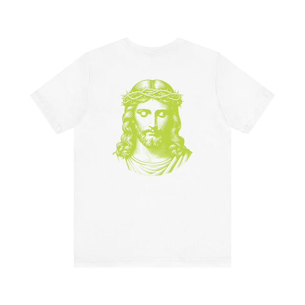 White unisex tee with a lime green jumbo Jesus portrait print on the back and mini Jesus graphic on the front left chest.