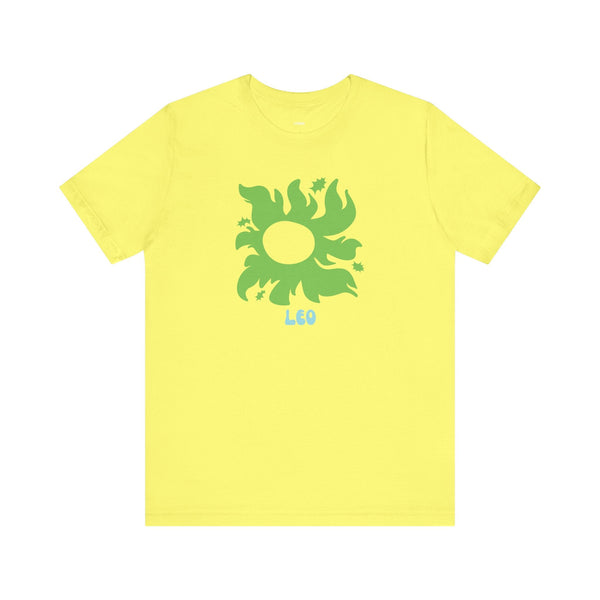 Yellow Leo zodiac t-shirt with green sunburst and star graphic design by Sandra Oles