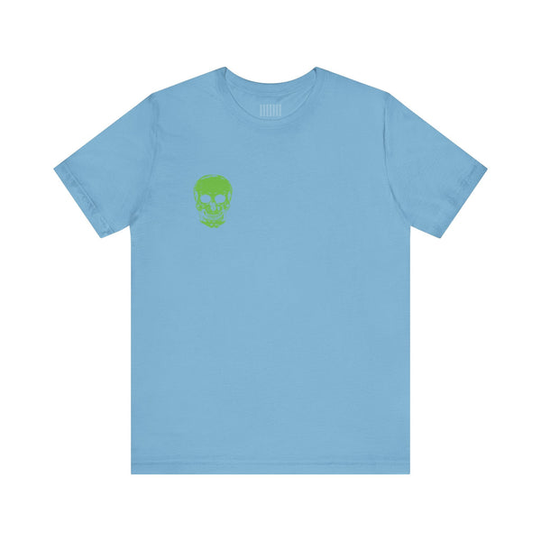 Green Jumbo Skull Back Print with Green Mini Skull Left Front Graphic Tee - Fugitive by Sandra Oles