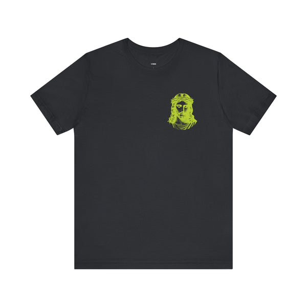 Black unisex Jesus t-shirt with lime green mini Jesus graphic front left and jumbo Jesus back print design