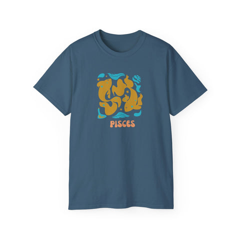 Blue unisex Pisces zodiac graphic tee with retro-style orange fish and blue water design by Fugitive Tees