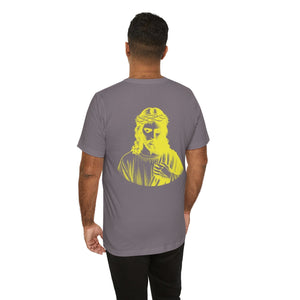 Yellow Halo Jumbo Jesus Back Print with Mini Yellow Jesus Front Left Print Graphic Tee - Iconic by Sandra Oles