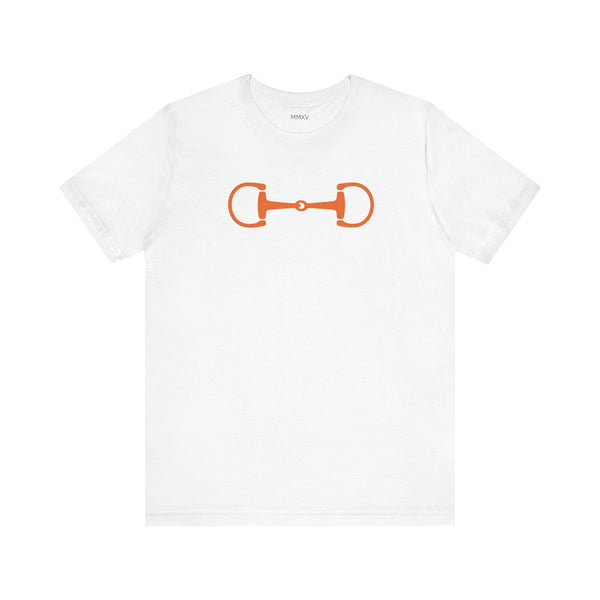White graphic tee with vibrant orange horsebit design inspired by heritage equestrian style.