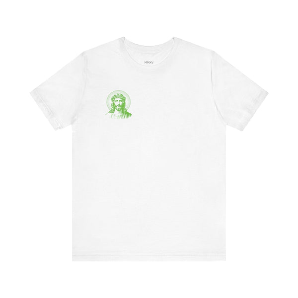 White Jesus graphic tee with small green halo Jesus print on front left chest, minimalist faith-based style