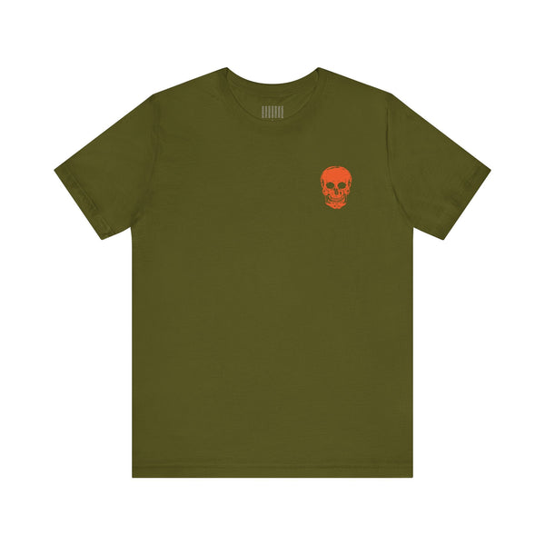Unisex olive t-shirt with mini orange skull graphic on left chest, streetwear style