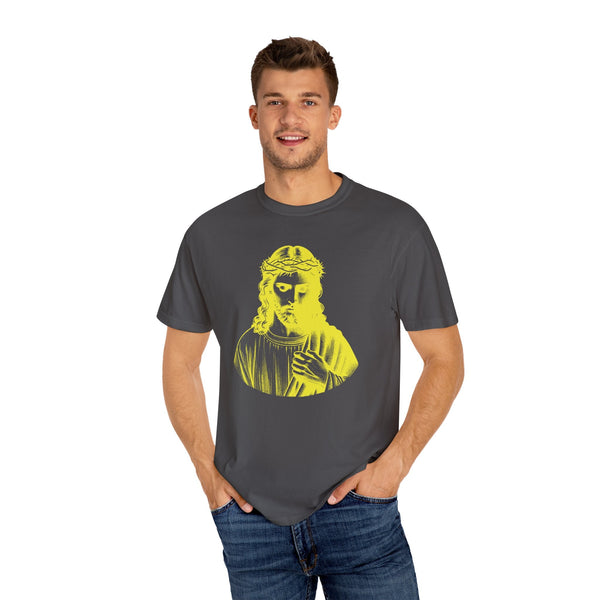 Man wearing dark t-shirt with yellow Jesus crown of thorns graphic, religious graphic tee