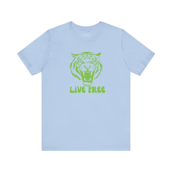Light blue t-shirt with a bold green tiger graphic and "LIVE FREE" text front design