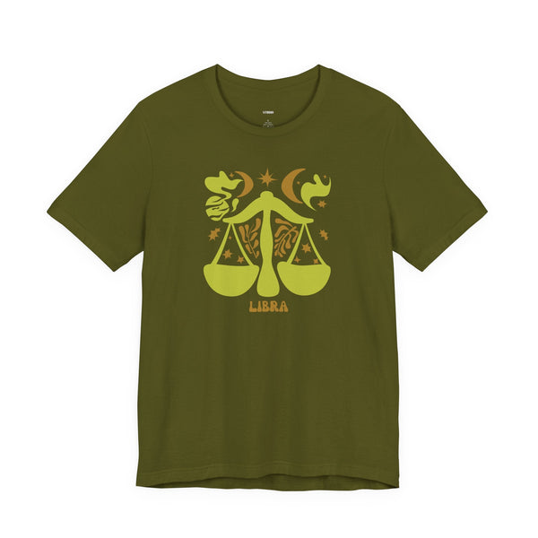 Olive green Libra t shirt with artistic balance scales zodiac sign graphic, stars, moon, and cosmic accents design.