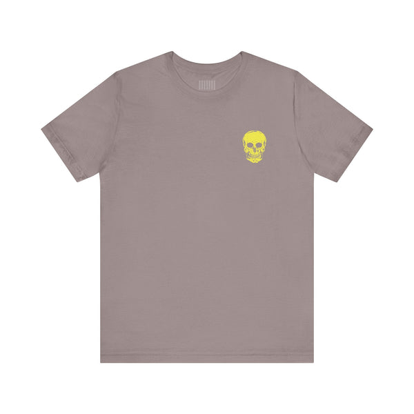 Underground style t-shirt with yellow skull mini chest print and jumbo back graphic in soft cotton blend