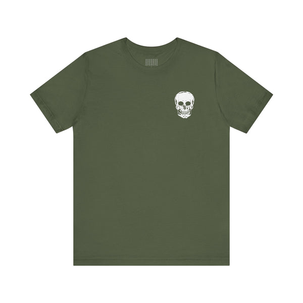 olive green graphic tee with small white skull on front and large skull back print