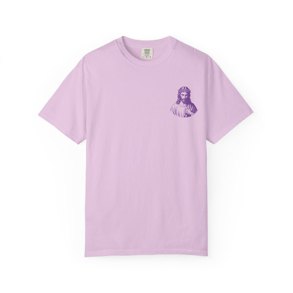 Purple unisex Christian streetwear tee with mini Jesus graphic on left chest