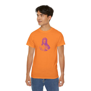 Man wearing orange Jesus T-shirt with purple graphic print and casual jeans