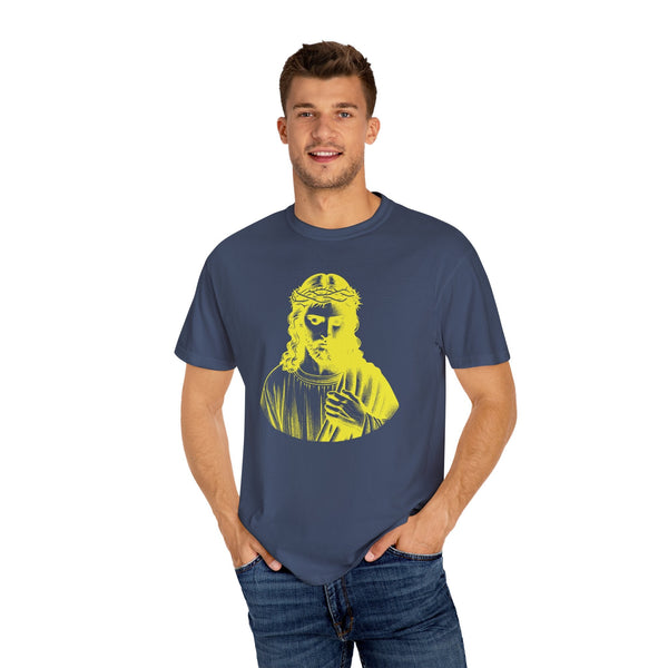 Man wearing navy yellow jumbo Jesus crown of thorns religious graphic tee