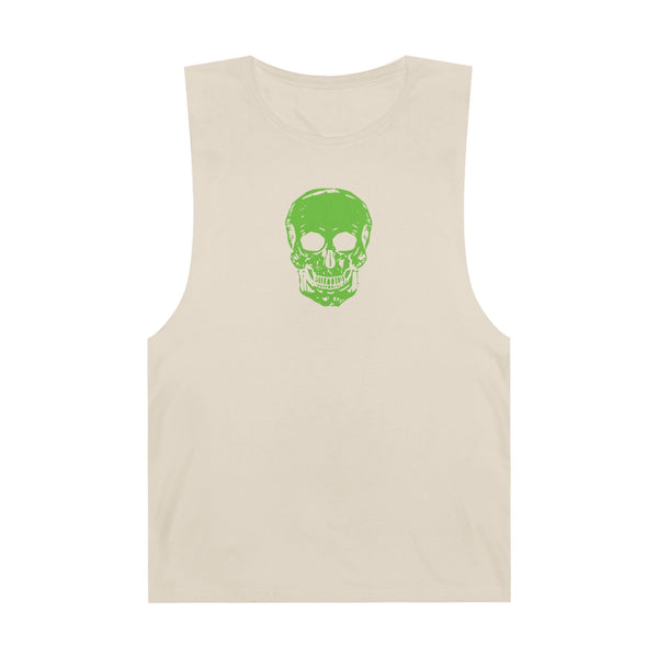 Beige goth skull tank top with bold green skull graphic, edgy muscle tee for alternative streetwear