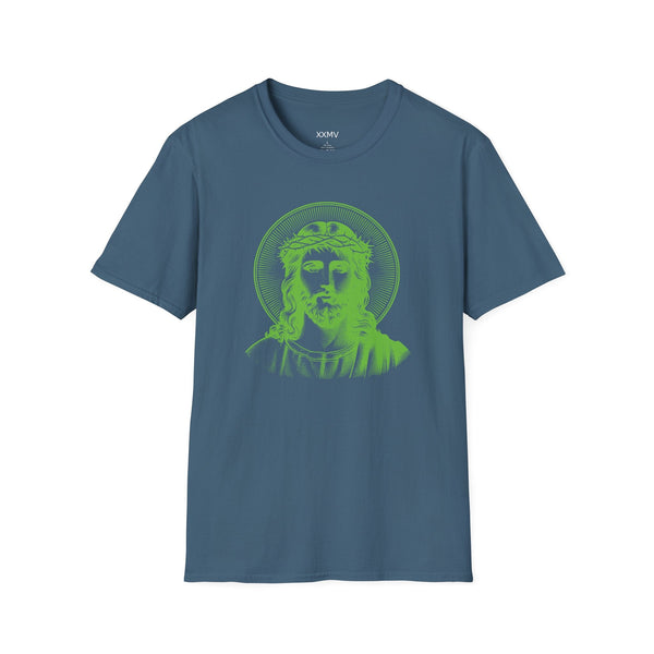 blue t-shirt with green halo Jesus graphic spiritual shirt