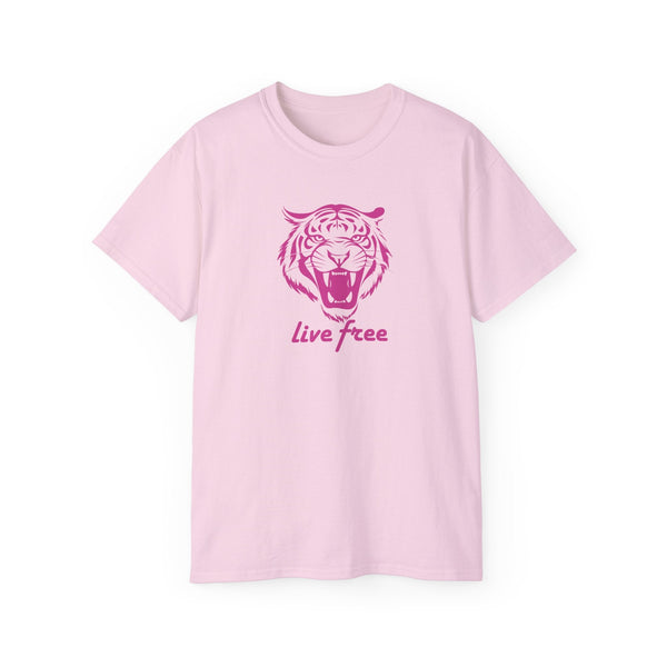 Pink “Live Free” Jumbo Retro Roaring Tiger Head Graphic Tee - Fugitive by Sandra Oles