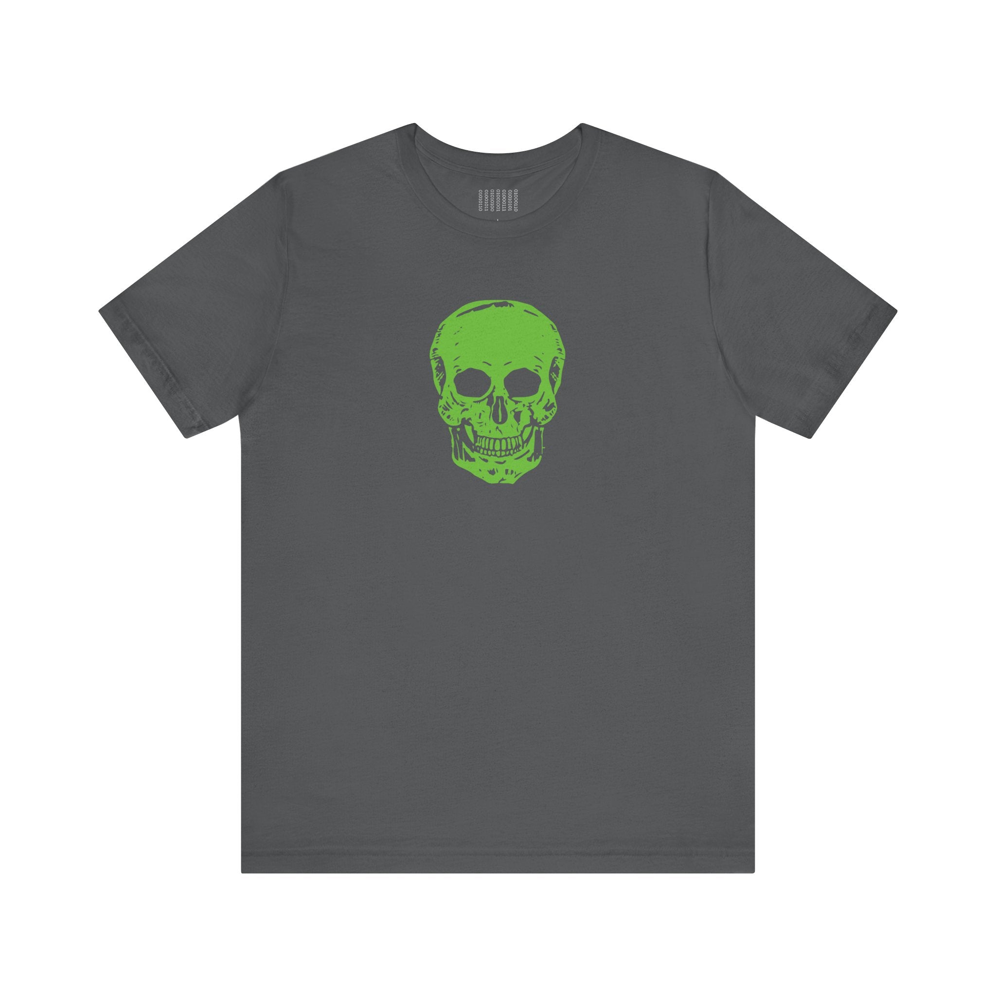 Dark gray t-shirt with bold green skull graphic on front, skull streetwear style.