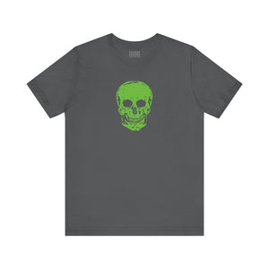 Dark gray t-shirt with bold green skull graphic on front, skull streetwear style.