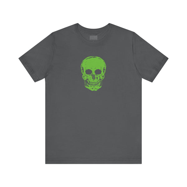 Dark gray t-shirt with bold green skull graphic on front, skull streetwear style.