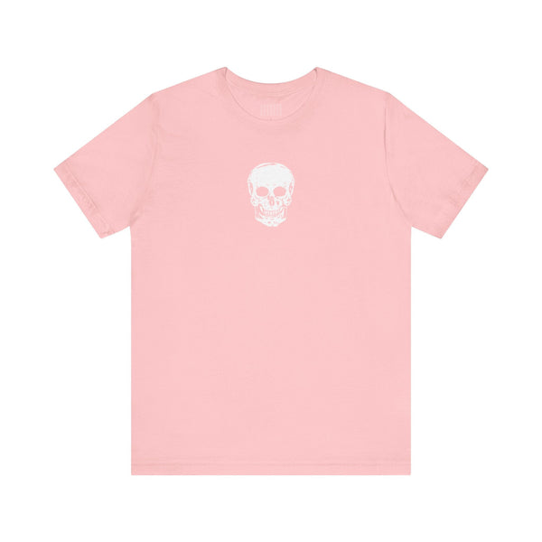 Pink t-shirts with centered small white skull graphic on front, made of soft cotton for casual streetwear.
