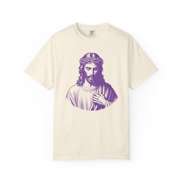 White tee with purple Jesus front print, Christian clothing graphic, casual cotton shirt