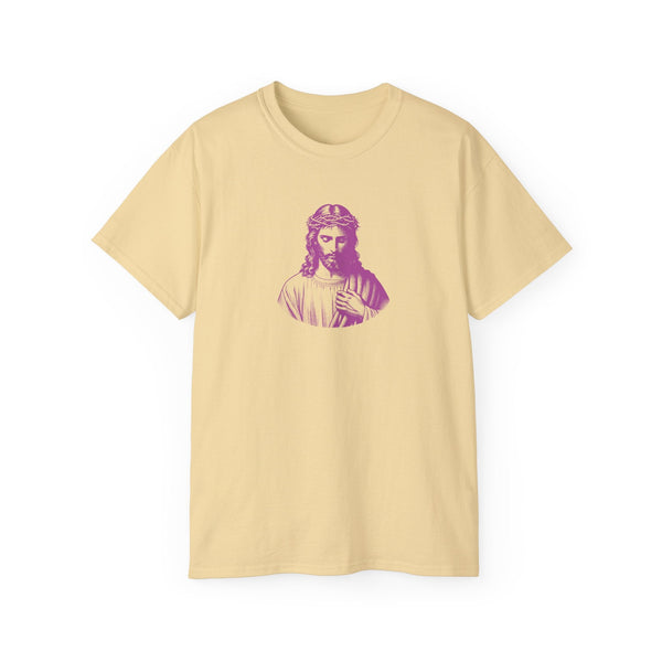 Beige t-shirt with mid-scale magenta graphic of Jesus on front, sustainable cotton Jesus T-shirt