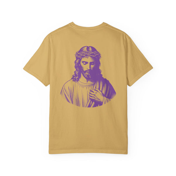 Yellow tee with large purple Jesus graphic on the back and small purple Jesus graphic on the front left side