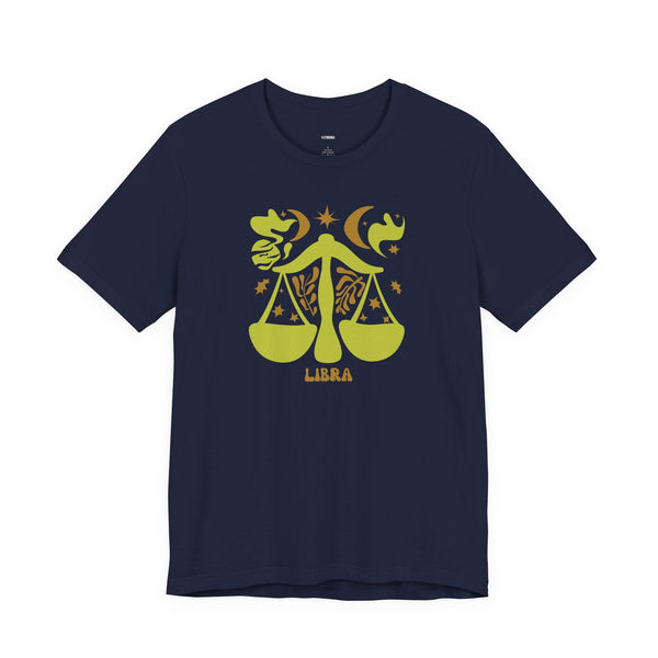 Navy Libra t shirt with artistic green balance scales and celestial design graphic, unisex cotton tee.
