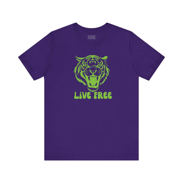 Purple t-shirt with green roaring tiger graphic and "LIVE FREE" text in bold streetwear style