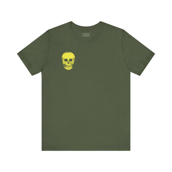 Olive green streetwear tee shirt with a small yellow skull graphic on the left chest.
