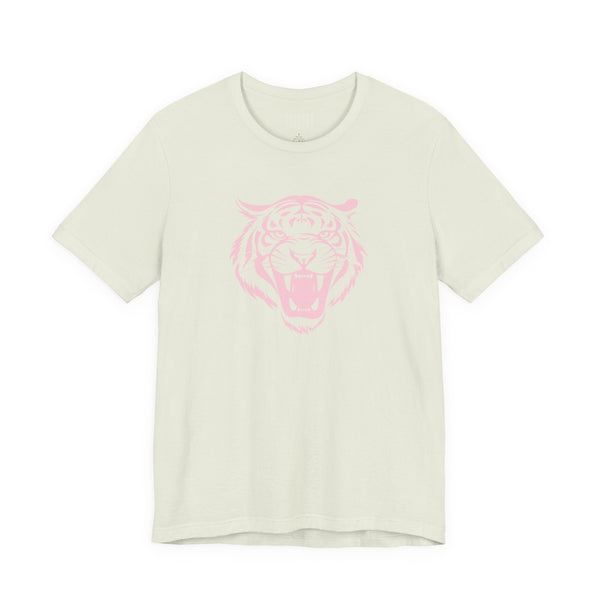 Unisex pastel pink roaring tiger head graphic aesthetic t shirt on light fabric