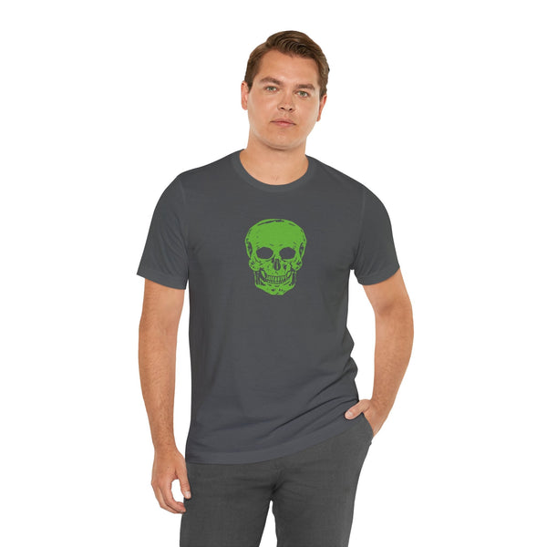 Man wearing dark gray skull streetwear t-shirt with bold green skull graphic on front