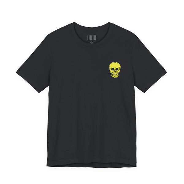 Black tee with small yellow skull chest print for underground style streetwear