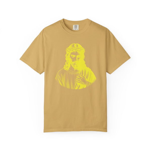 Yellow jumbo Jesus Crown of Thorns graphic on mustard religious graphic tee