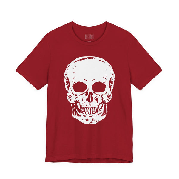 Red t-shirt with a skull graphic front print, bold streetwear style, made of breathable cotton