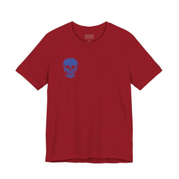 Red graphic tee shirts with small blue skull print on front and jumbo blue skull design on back made of soft cotton.