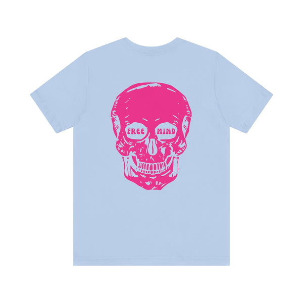 Light blue tee with bold pink jumbo skull back print saying "Free Mind" statement streetwear